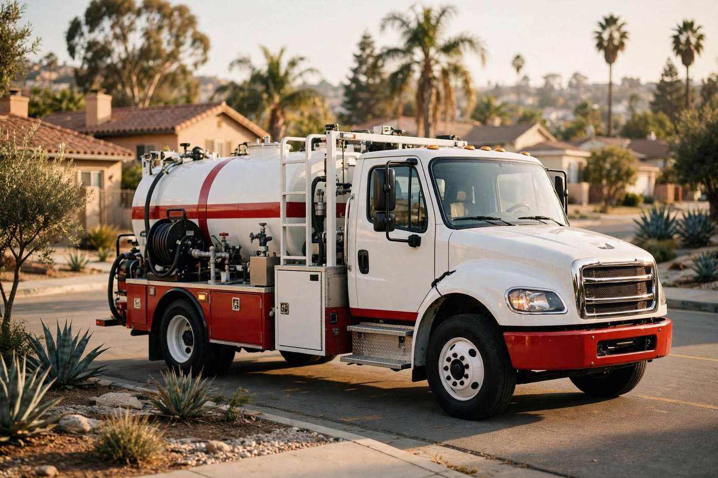 Septic service truck on a sunny San Diego street