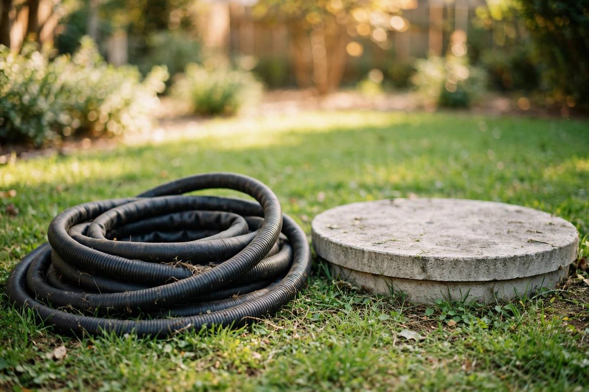 Service hose coiled beside a septic tank riser in a green yard