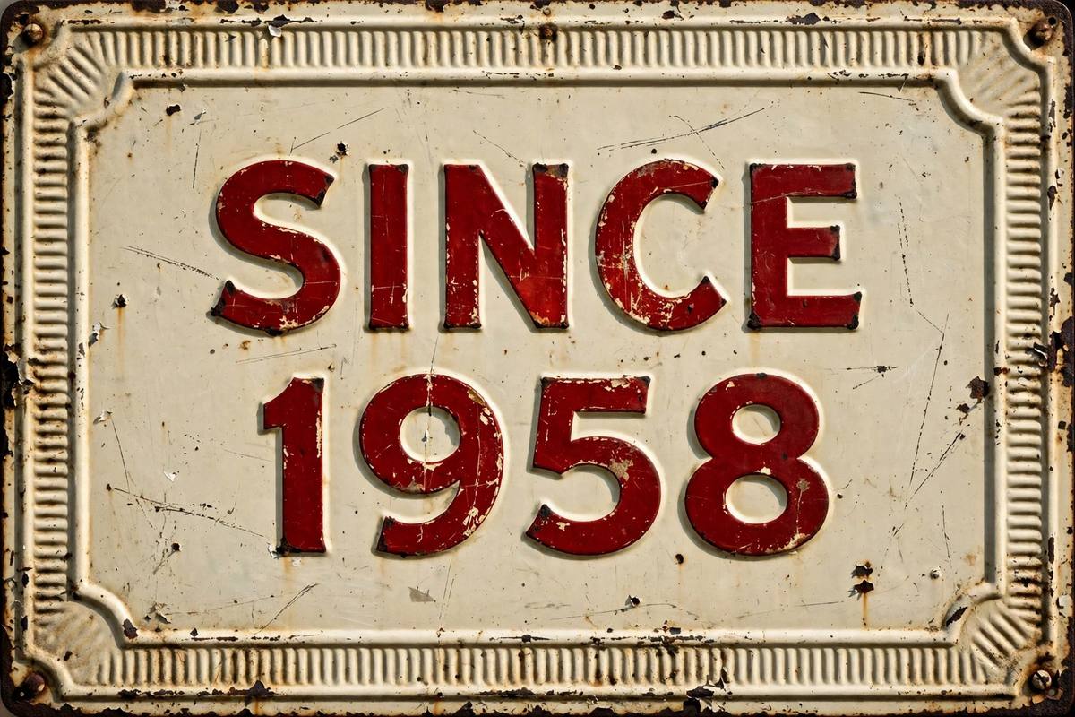 Weathered enamel sign reading Since 1958